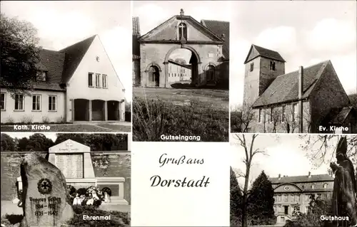 Ak Dorstadt Wolfenbüttel in Niedersachsen, Ev. Kirche, Gutshaus. Ehrenmal, Kath. Kirche
