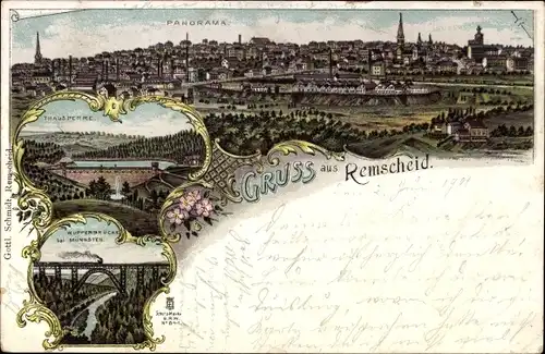 Litho Remscheid im Bergischen Land, Talsperre, Wupperbrücke bei Müngsten, Panorama