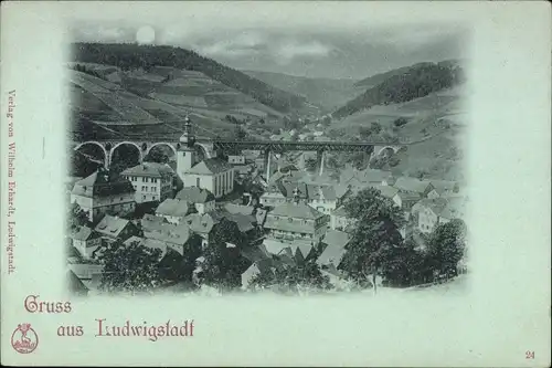 Mondschein Ak Ludwigsstadt in Oberfranken, Blick auf den Ort, Kirche