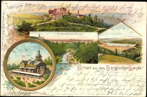 Litho Burg an der Wupper Solingen in Nordrhein Westfalen, Schloss Burg und Küppelstein, Talsperre