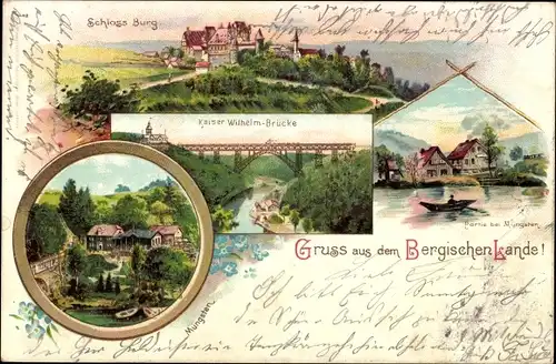 Litho Burg an der Wupper Solingen in Nordrhein Westfalen, Schloss Burg, Kaiser Wilhelm Brücke