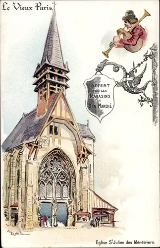 Künstler Litho Paris, Eglise Saint Julien des Menetriers, Trompete, Werbung Magasin du Bon Marché