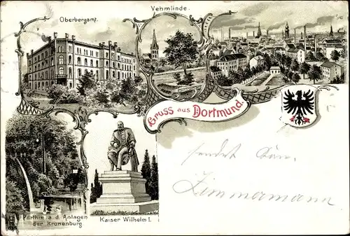 Litho Dortmund im Ruhrgebiet, Oberbergamt, Vehmlinde, Kaiser Wilhelm I., Anlagen der Kronenburg