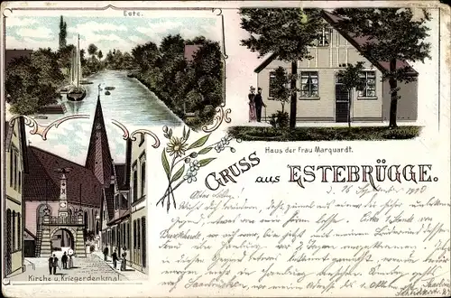 Litho Estebrügge Jork im Alten Land, Este, Haus der Frau Marquardt, Kirche, Kriegerdenkmal
