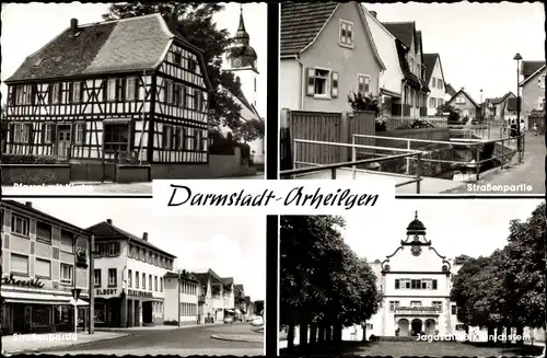 Ak Arheilgen Darmstadt in Hessen, Straßenpartie, Jagdschloss, Pfarrei m. Kirche