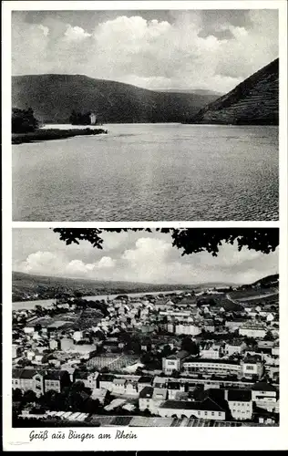 Ak Bingen am Rhein, Mäuseturm, Rheinpartie, Vogelschau über die Stadt