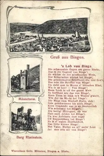 Gedicht Ak Bingen am Rhein, 's Lob vun Binge, Total, Mäuseturm, Burg Rheinstein