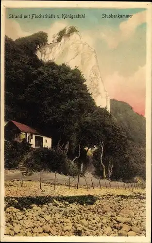 Ak Stubbenkammer Sassnitz auf Rügen, Königstuhl, Strand, Fischerhütte