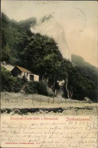 Ak Stubbenkammer Sassnitz, Strand mit Fischerhütte und Königsstuhl