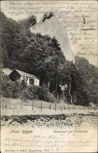 Ak Stubbenkammer Sassnitz, Strand mit Fischerhütte und Königsstuhl