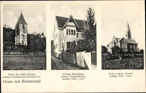 Ak Bammental in Baden, Turm der alten Kirche, neue evangelische Kirche, Pfarrhaus