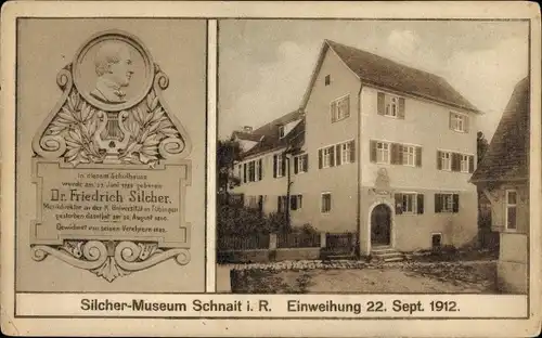 Ak Schnait Weinstadt in Württemberg, Silcher Museum, Einweihung 1912, Denkmal