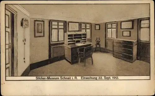 Ak Schnait Weinstadt in Württemberg, Silcher Museum, Einweihung 1912, Innenansicht, Wanduhr