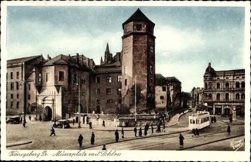 Ak Kaliningrad Königsberg Ostpreußen, Münzplatz mit Schloss, Straßenbahn