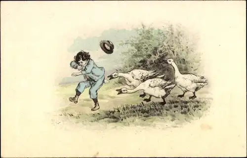 Künstler Ak Junge wird von Gänsen vertrieben
