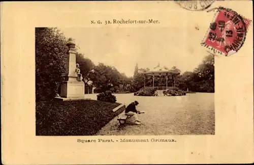 Ak Rochefort sur Mer Charente Maritime, Square Parat, Monument Grimaux