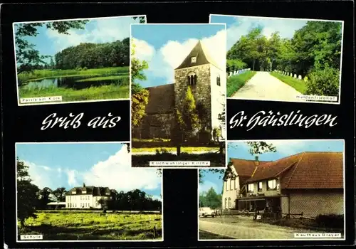 Ak Groß Häuslingen Niedersachsen, Kirchwahlinger Kirche, Heldenfriedhof, Kaufhaus Dreyer, Schule