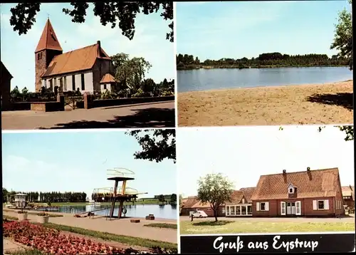 Ak Eystrup in Niedersachsen, Kirche, Freibad, Strand, Backsteinhaus