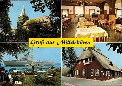 Ak Mittelsbüren Bremen, Gasthof Zur Moorlosen Kirche, Kirche, Terrasse, Frachtschiff