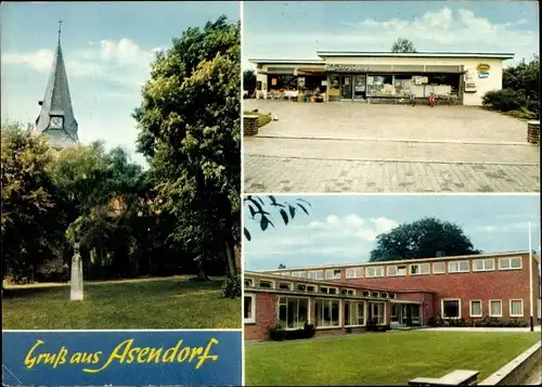 Ak Asendorf in der Nordheide, Kaufhalle, Schule, Kirchturm