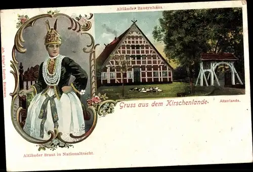 Ak Jork im Kreis Stade, Kirschenland, Altländer Braut in Nationaltracht, Altländer Bauernhaus