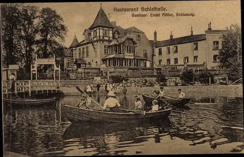 Ak Schleswig an der Schlei, Restaurant Schleihalle, Ruderboote