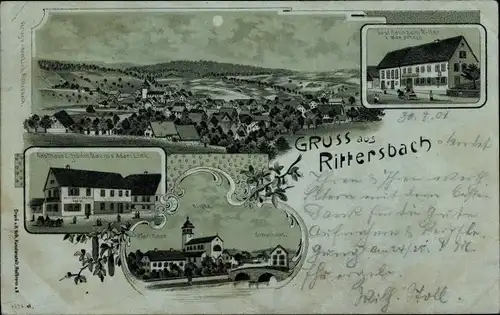 Mondschein Litho Rittersbach Elztal im Odenwald, Gasthaus zum Ritter, zum grünen Baum, Kirche