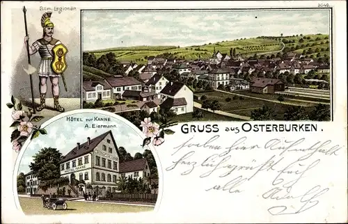 Litho Osterburken im Neckar Odenwald Kreis, Hotel zur Kanne, Totalansicht, römischer Legionär