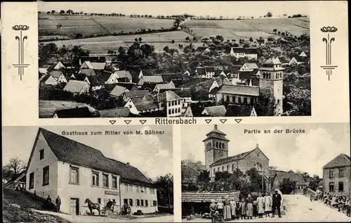 Ak Rittersbach Elztal im Odenwald, Gasthaus zum Ritter, Kirche, Partie an der Brücke, Totalansicht