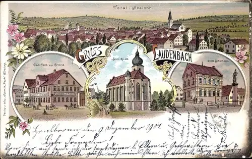 Litho Laudenbach an der Bergstraße, Schulhaus, Gasthaus zur Krone, Kirche, Totalansicht