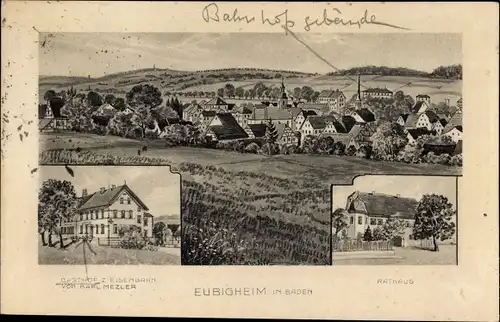 Ak Eubigheim Ahorn in Baden, Rathaus, Gasthaus zur Eisenbahn, Blick auf den Ort