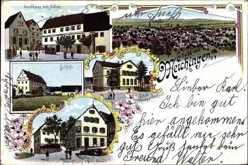 Litho Merchingen Ravenstein in Baden, Schule, Kriegerdenkmal, Gasthaus zum Adler, Schloss