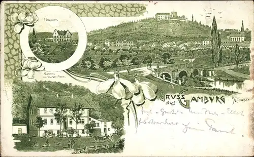 Litho Gamburg Werbach an der Tauber, Gasthof, Bahnhof, Blick auf den Ort