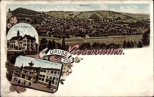 Litho Niederstetten in Baden Württemberg, Rathaus, Gasthaus zur Post, Schloss, Totalansicht