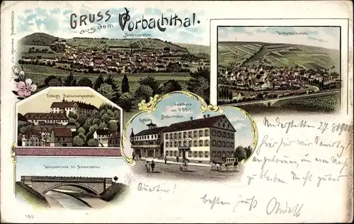 Litho Niederstetten in Baden Württemberg, Vorbachtal, Gasthaus zur Post, Rathaus, Schloss