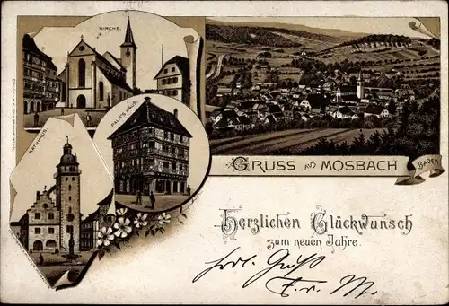 Litho Mosbach am Odenwald, Glückwunsch Neujahr, Blick auf den Ort, Rathaus, Palmsches Haus