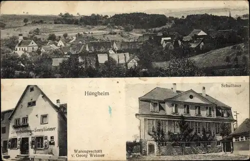 Ak Hüngheim Ravenstein in Baden, Schulhaus, Warengeschäft, Totalansicht