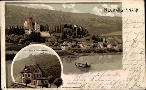 Litho Neckarsteinach in Hessen, Gasthaus zum Schwalbennest, Blick auf den Ort