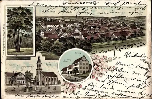 Litho Merchingen Ravenstein in Baden, Schloss, Kirche, Kriegerdenkmal, Schulhaus, Totalansicht