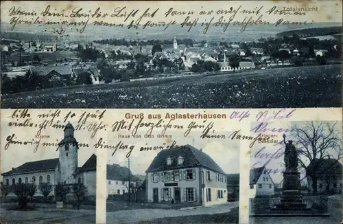 Ak Aglasterhausen in Baden, Haus von Otto Grimm, Kirche, Totalansicht, Kriegerdenkmal