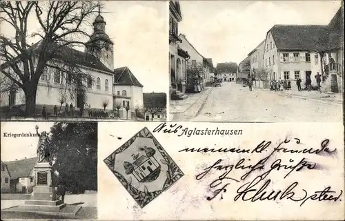 Ak Aglasterhausen in Baden, Kirche, Kriegerdenkmal, Straßenpartie