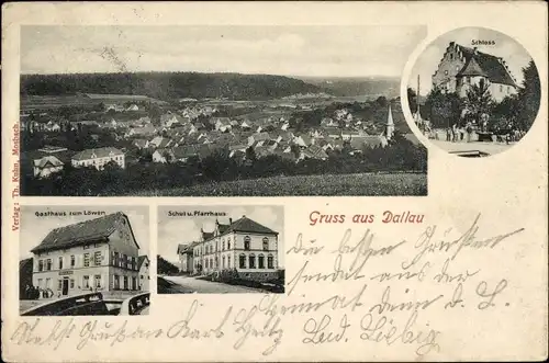 Ak Dallau Elztal im Odenwald, Schloss, Schule, Pfarrhaus, Gasthaus zum Löwen, Blick auf den Ort