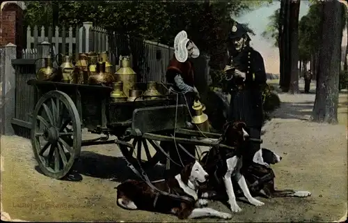 Ak Laitière Flamande, Flämisches Milchmädchen, Zughunde, Hundekarren, Polizist
