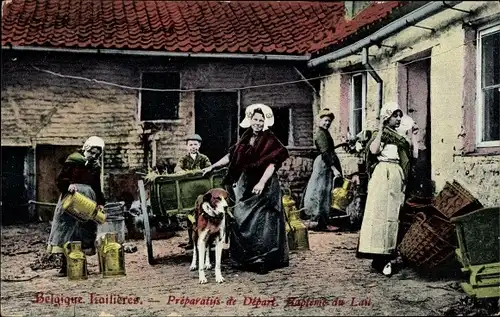 Ak Belgien, Laitieres, Preparatifs de Depart, Bapteme du Lait, Milchfrauen, Trachten, Hundekarren