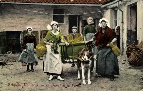 Ak Belgien, Laitieres, Le Depart de la Ferme, Milchfrauen, Trachten, Hundekarren