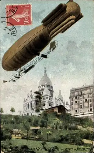 Ak Paris XVIII, Le Dirigeable Ville de Paris au dessus de Montmartre, Zeppelin, Luftschiff