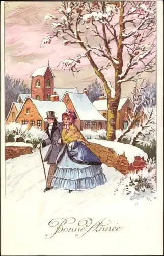 Ak Glückwunsch Neujahr, Bonne Année, verschneites Dorf, Paar beim Spaziergang