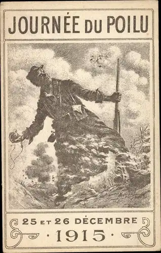 Künstler Ak Journée du Poilu, 25 et 26 Décembre 1915, Soldat wirft Handgranate