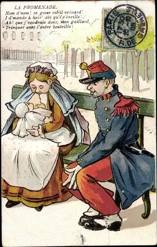 Ak La Promenade, Französischer Soldat, Frau mit Kind, Säugling