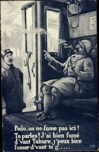 Ak Poilu, on ne fume pas ici, rauchender französischer Soldat im Bahnabteil